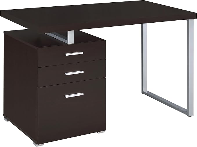 Coaster Home Furnishings Brennan Modern Contemporary Home Office 3-Drawer Writing Desk with Drawers Computer Desk Study Table File Cabinet Storage Silver Metal Frame Cappuccino Brown 800519