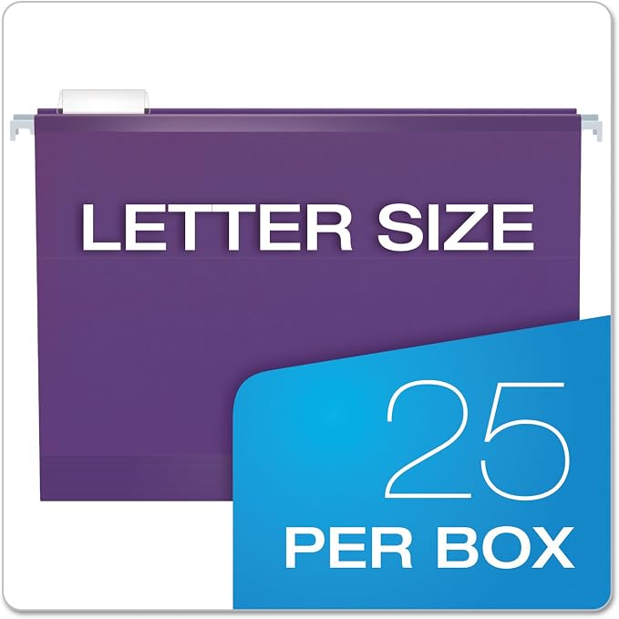 Pendaflex Reinforced Hanging File Folders, Letter Size, 1/5 Cut, Assorted Jewel-Tone Colors, 25/BX (4152 1/5 ASST2)