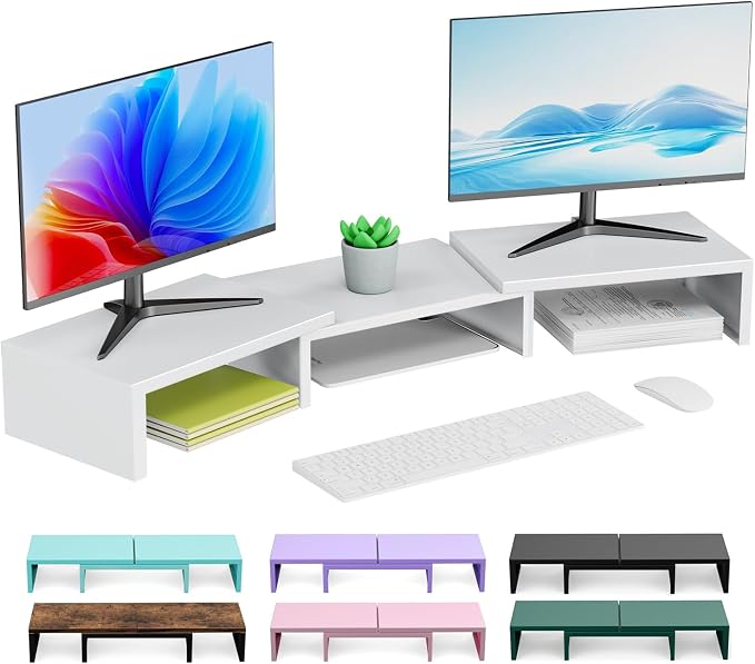 Dual Monitor Stand Riser | Monitor Stand for Desk, Metal Computer Stand, Desk Shelf Riser,Desktop Organizer for Home and Office Use (White)