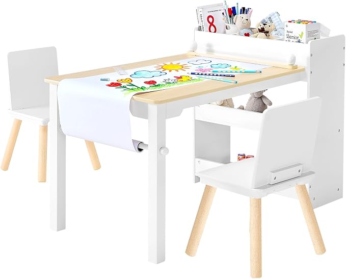 VEVOR Kids Art Table and Chair Set, Toddler Activity Table with Storage, Wood Kids Craft Desk with Paper Roll for Drawing, Reading, Writing, Kid Play Table for Nursery, Playroom, Classroom, White