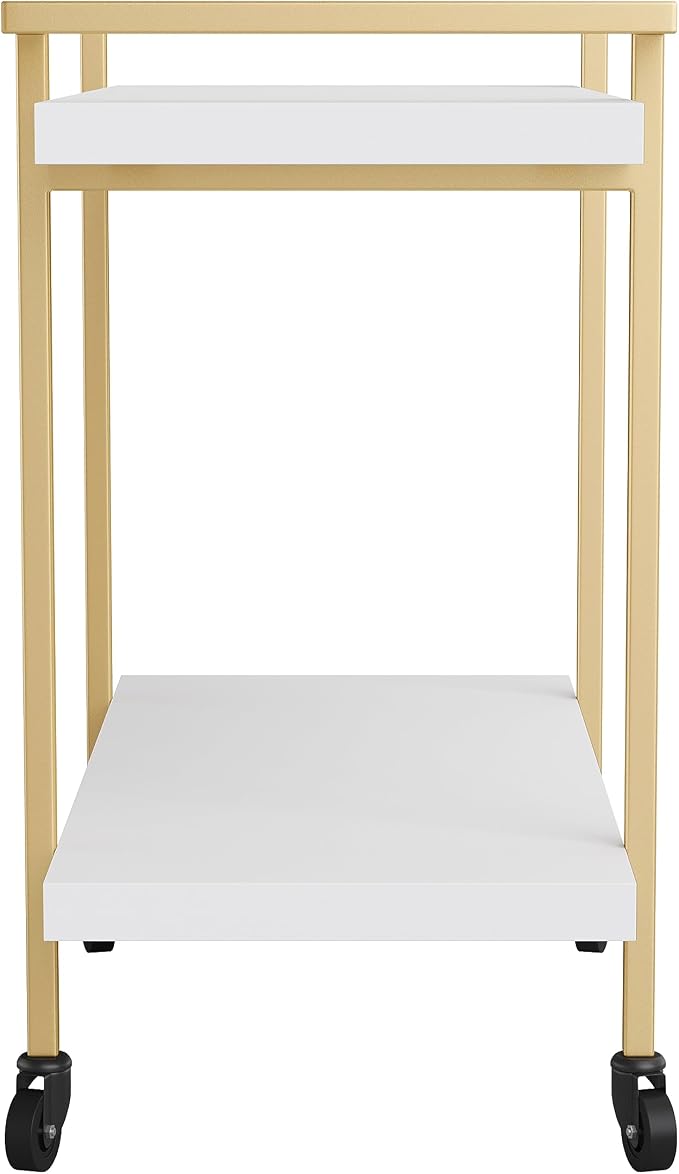 Martha Stewart Liam 2-Tier Mobile Office Storage and Printer Cart, White | Polished Brass Frame