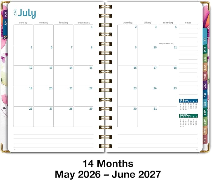 HARDCOVER Academic Year 2026-2027 Planner: 14 Months (May 2026 Through June 2027) 5.5"x 8" Daily Weekly Monthly Planner Yearly Agenda. Bookmark, Pocket Folder and Sticky Note Set (Rainbow Floral)