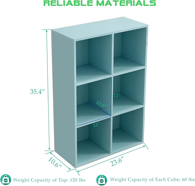 6-Cube Storage Shelf Bookcase, Light Blue | Wooden 3-Tier Open Bookshelf, Fits 11×11" Bins, Vertical or Horizontal Use, Full Back Panels, For Home Office