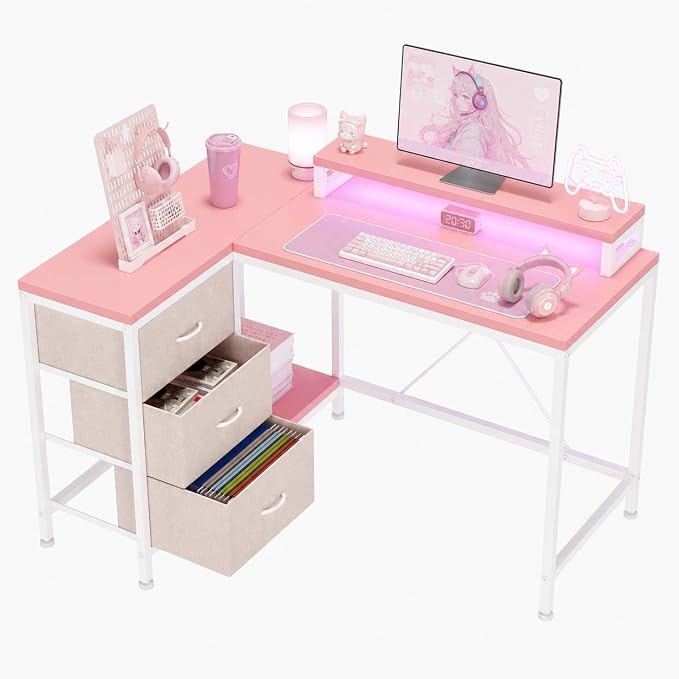 Garvee L-Shaped Computer Desk with Power Outlets & LED Lights - 43-Inch Reversible Corner Gaming Desk with 3 Drawers, Storage Shelves & Removable Monitor Stand, Modern Home Office Desk