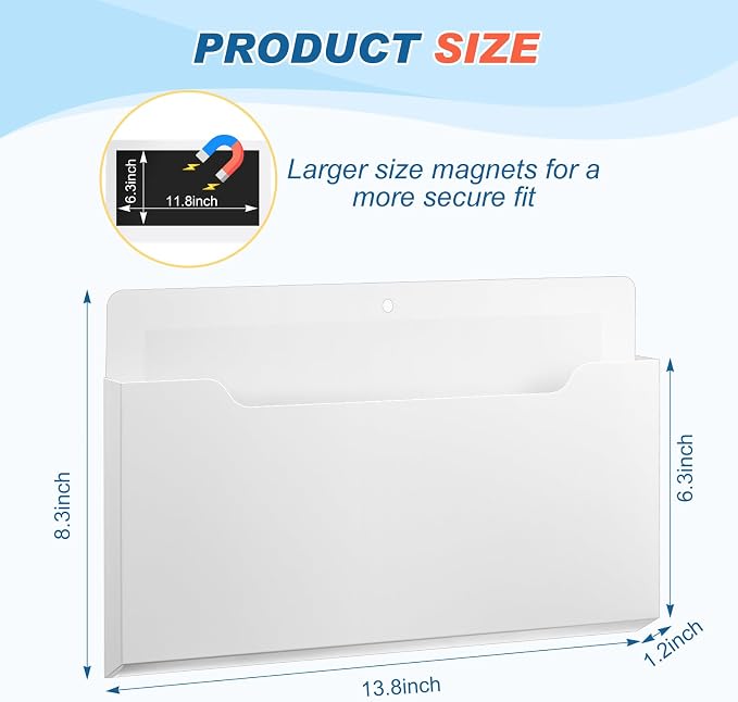 Feifeiya 2 Pcs Magnetic File Folder Wall Hanging Holder Large Pocket Paper Magazine Mail Organizer for Refrigerator Classroom Locker Whiteboard(Horizontal,White Clear,13.8 x 8.3 Inches)