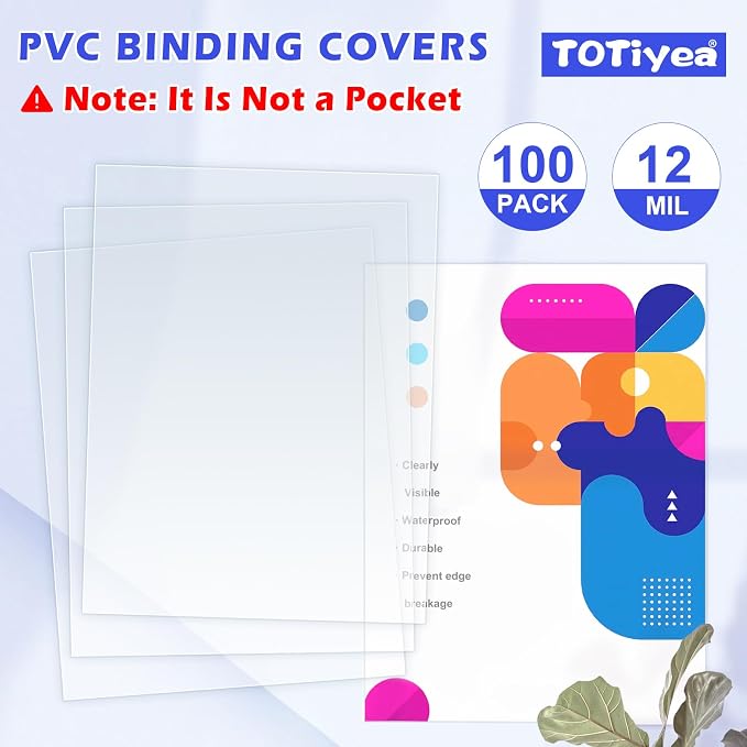 TOTiyea 100 Pack 12 Mil Clear Binding Covers 8.5" x 11",Bulk Pack | Binding Covers,Letter Size,clear plastic cover for use in school offices or at home,for teachers, students, and colleagues