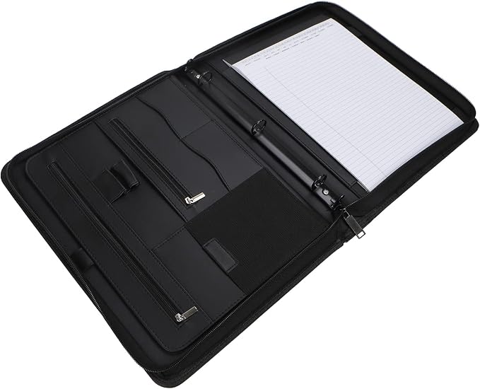 Portfolio 3-Ring Binder Organizer with Handle Zippered Padfolio Writing Pad Legal Size Notebook Business Folder Resume Interview for Men Women, Black