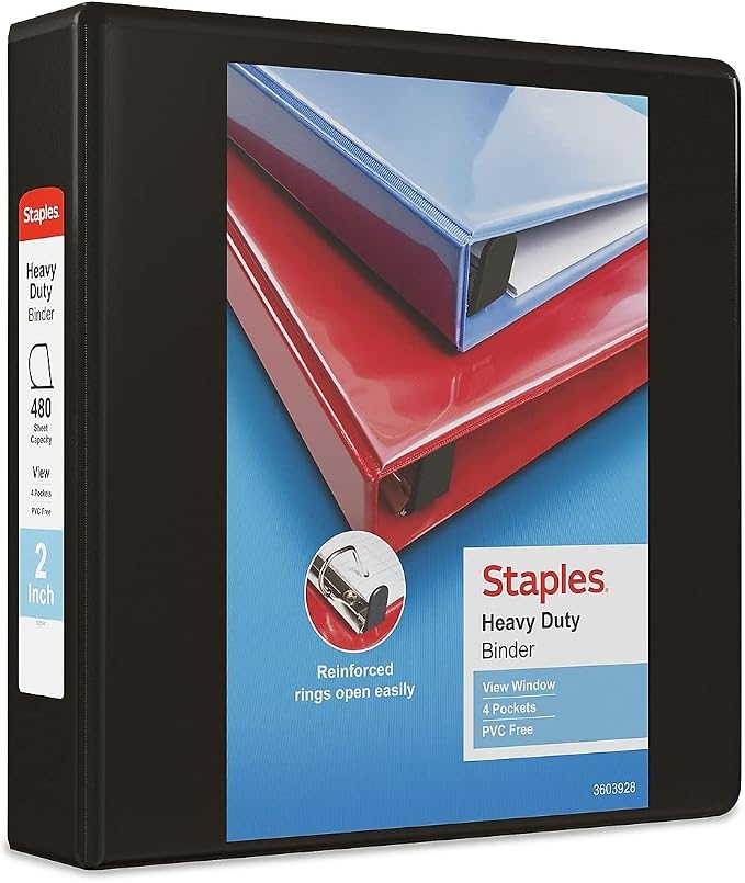 Staples Heavy‑Duty 2‑Inch 3‑Ring View Binder, Durable Binder for Office & School Storage, Black