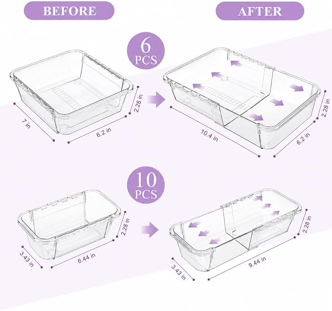 Clear Expandable Drawer Organizer Set, 16PCS Adjustable Drawer Organizers for Makeup, Cosmetics, Jewelry, Skincare, Bathroom, Kitchen & Dresser Storage, Transparent PET Drawer Storage Bins, 2 Sizes