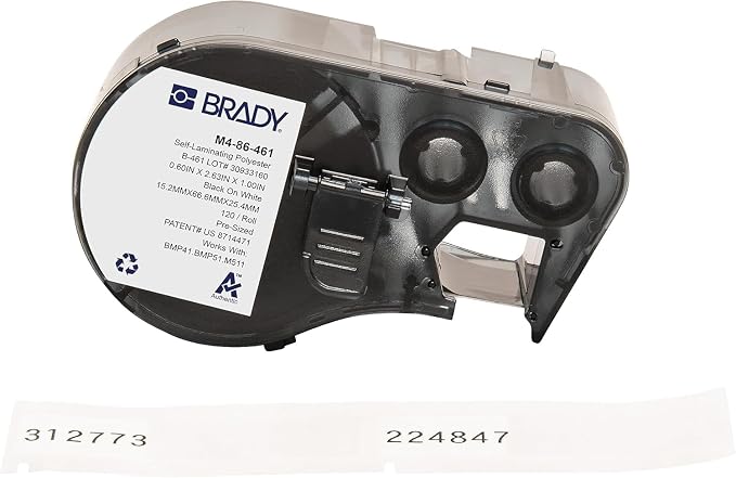 Brady Authentic (M4-86-461) Self-Laminating Cryogenic Polyester Labels 0.6" H x 2.625" W Black on White, Clear, 120 Labels. for use with The BMP41, BMP51, and M511 Label Printers
