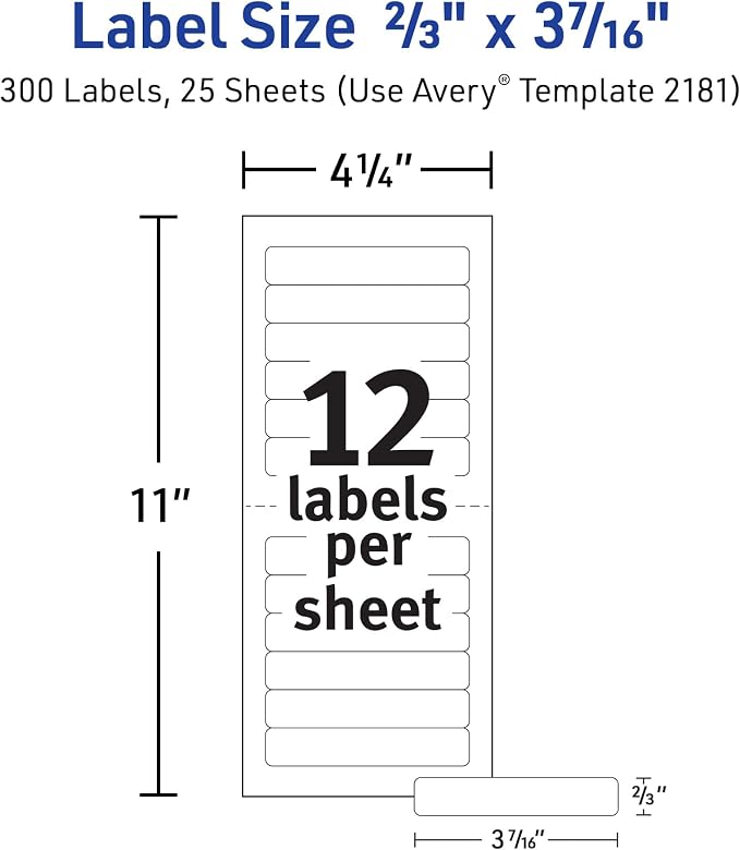 Avery® Printable Mini-Sheets® File Folder Labels, 2/3" x 3-7/16", Matte White, Permanent Adhesive, Laser/Inkjet Compatible, 300 Blank Stickers Total, Great for Printing a Few Labels at a Time (2181)