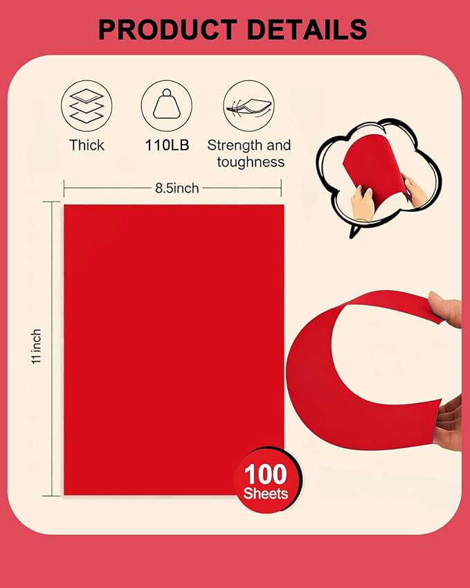 Veritas Red Cardstock 8.5 x 11 Letter Size, 110LB/199GSM Heavyweight Colored Card Stock Printer Paper, 100 Sheets Thick Red Cardstock for Printing, Copy, Invitations, Crafts, DIY Projects