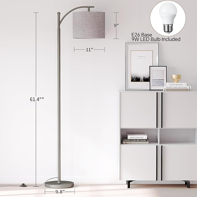 SUNMORY Arc Floor Lamp, Modern Floor Lamp with 9W 3 Color Temperatures Bulb | Metal Standing Lamps with Adjustable Hanging Lampshade, Tall Floor Lamps for Living Room, Bedroom, Office, Gray