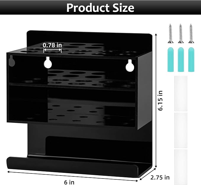 Dry Erase Marker Holder, Wall Mounted Acrylic Marker Holder with 10 Slots, Sticky Pen Storage for Classroom Organization, Office, Whiteboard, Desk Locker Organizer Accessories, Black
