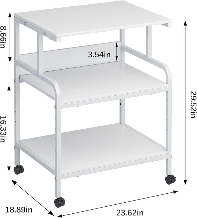 Arbuxzuy Large Printer Stand with Storage Shelf, 23.6" W x 18.9" D Printer Cart with Wheels, 3 Tier Mobile Printer Table for Home Office,Stands for Heat Press Scanner Fax (White)