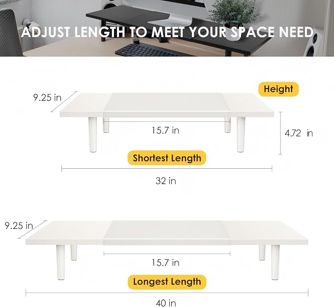 Across-Star Dual-Monitor-Stand-Riser-For-Desk Adjustable Length 32-40 Inch，Large Desktop Computer Monitor Riser For 2 Screens，Desk Shelf Organizer Riser Stand For Computer/Laptop/PC/Printer/TV Black