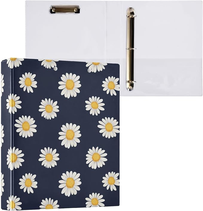 Flower Daisies Floral D Ring Binders 1.5 Inch with Clear Pocket, School Office Supplies Water Resistant Kitchen Recipe Organizer Hard Round Ring View Binders with Aesthetic Print