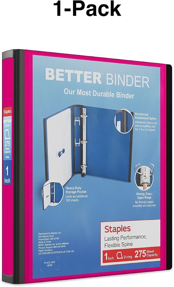 Staples Better Binder, 1-Inch 3-Ring View, Pink, 3-Pack