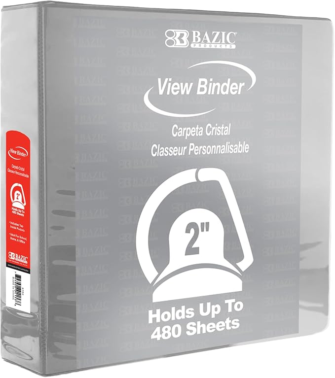 BAZIC Products 2" Grey 3-Ring View Binder, Slant-D Ring, 2 Pockets | 2 inside pockets, 2 in Grey view 3-ring binder, slant-D rings, holds up to 480 sheets, Durable poly cover