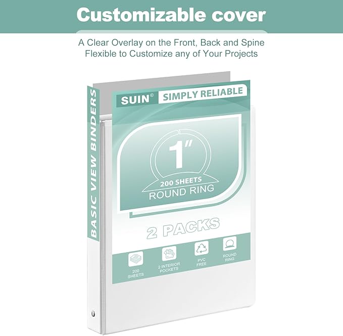 SUIN 1-Inch 3-Ring-Binder, Customizable Clear View Cover, for US Letter Size 8-1/2 x 11'', Perfect for Office/School (White - 12 Packs)