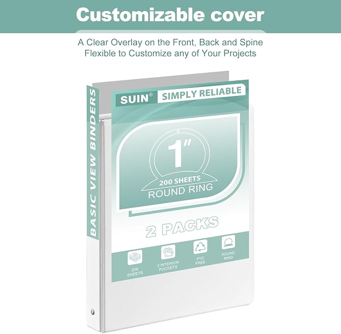 SUIN Basic 1-Inch 3-Ring-Binder, Customizable Clear View Cover, for US Letter Size 8-1/2 x 11'', Perfect for Office/School (White - 24 Packs)
