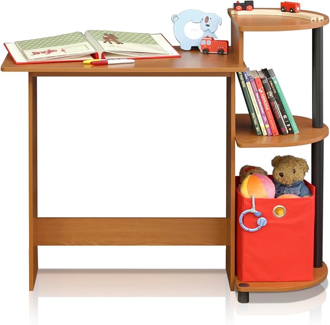 Furinno Compact Computer Desk with Shelves, Round Side, Light Cherry/Black