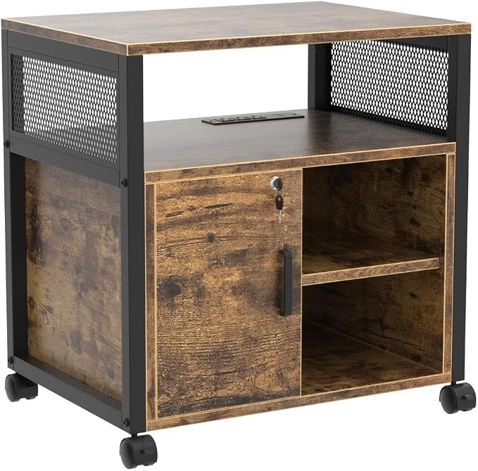 Unikito Rolling File Cabinet, Lateral Filing Cabinet on Wheels Mobile Office Printer Stand with Door and Open Storage Shelf for A4, Letter Size and Hanging File Folders, Lockable, Rustic Brown