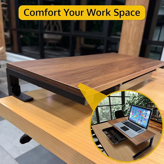 *Test* Ergonomic Clamp-On Laptop and Computer Monitor Riser Stand with Drawer, 21.6 x 9.8 inch - Dark Brown|Laptop Stand for Desk, Monitor Riser, Desk Organizer, Office Desk Home Workspace