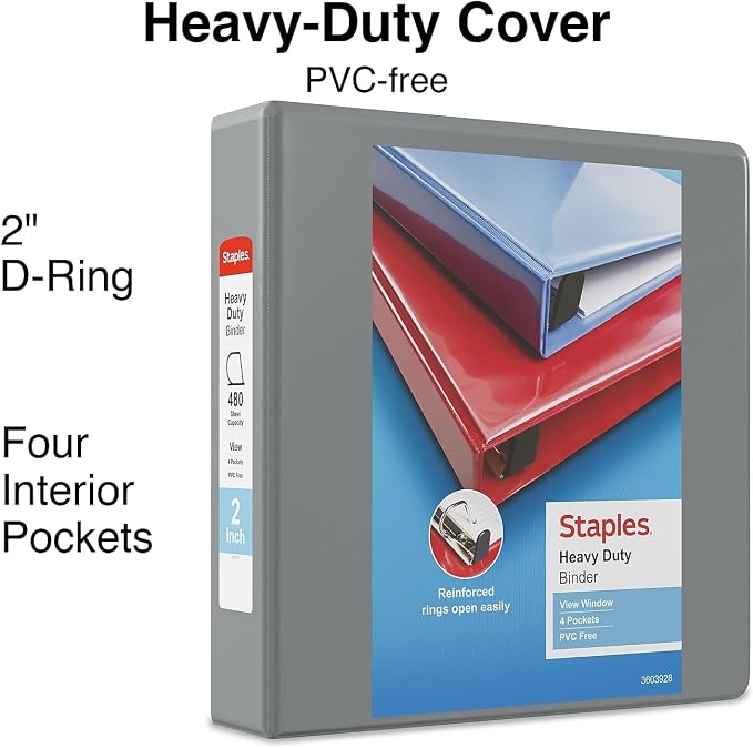 Staples Heavy-Duty 2-Inch D-Ring View Binder, Gray, 450 Sheets | Reinforced spine for durable everyday use in office and school settings.