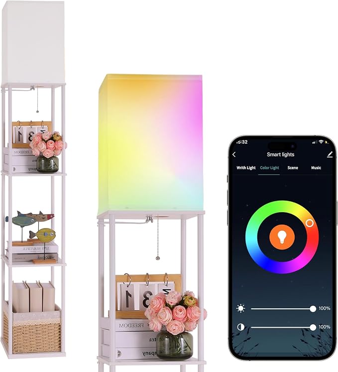 Gupuzm Floor Lamp with Shelves, with Modern Square Standing Lamp with Smart APP Control RGB Bulb, Corner Display Bookshelf Lamp for Living Room, Bedroom and Office (White-9RGB)