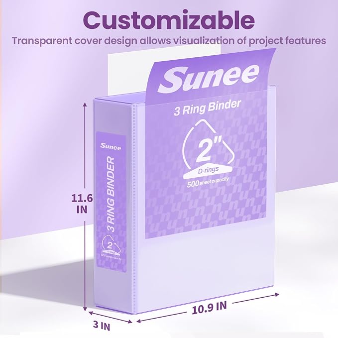 SUNEE 3 Ring Binder 2 Inch, Clear View Binder Three Ring PVC-Free (Fit 8.5x11 Inches) for School or Office Supplies, Light Purple, 1 Pack