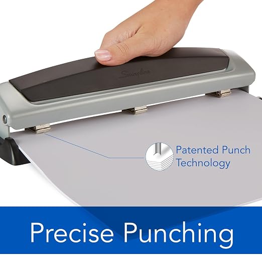 Swingline 3 Hole Punch,10 Sheet Capacity Three Hole Puncher 3 Ring,Adjustable 2-3-Hole Paper Punch,Precision Pro,Black & Silver (74037),(Pack of 12)