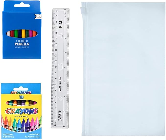 Moda West 12 Pack Bulk School Supplies 52 Piece Kit- Pens, Pencils, Crayons, and More - Essential Box of School Supplies for Elementary, Middle, and High School Students