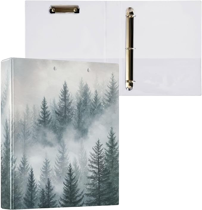 Watercolor Mist Forest Pine Tree Binder 3 Ring 1.5 Inch Binder with Clipboard&Pockets, Hardcover Binders Heavy Duty Large File Folder for Office School Supplies - Holds 200 Sheets