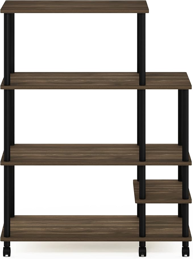 Furinno Turn-N-Tube 4-Tier Wide Toolless Multipurpose Printer Stand Display Storage Shelf with Wheels, Columbia Walnut/Black | Wide Printer Table with with Storage Shelf and Casters, Open Frame Standing Shelf, for CPU, Office Supplies, Home Office