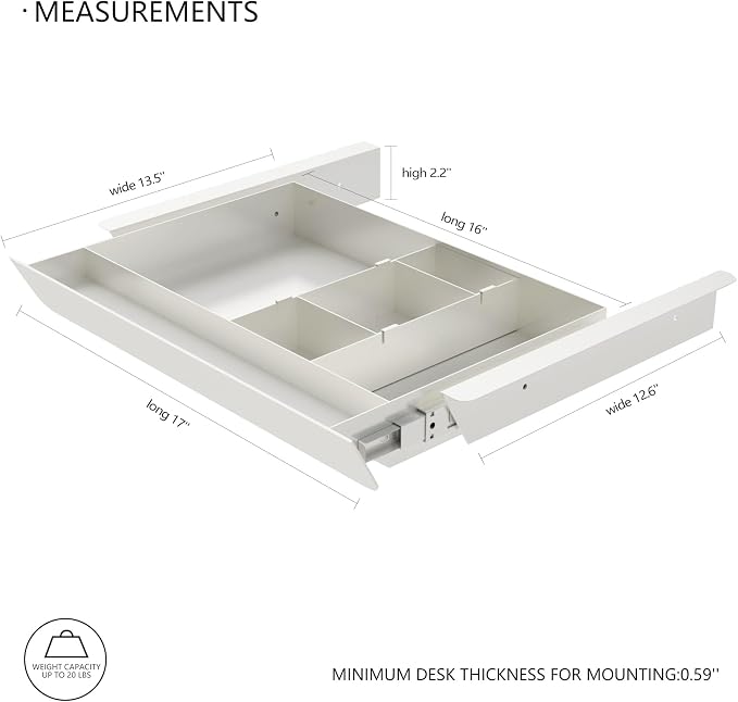 White Under Desk Sliding Pull-out Drawer with Pencil Tray and Slide Storage Tray, 17'' long & 13.5'' deep Large Organizer for Sit Stand Workstation…