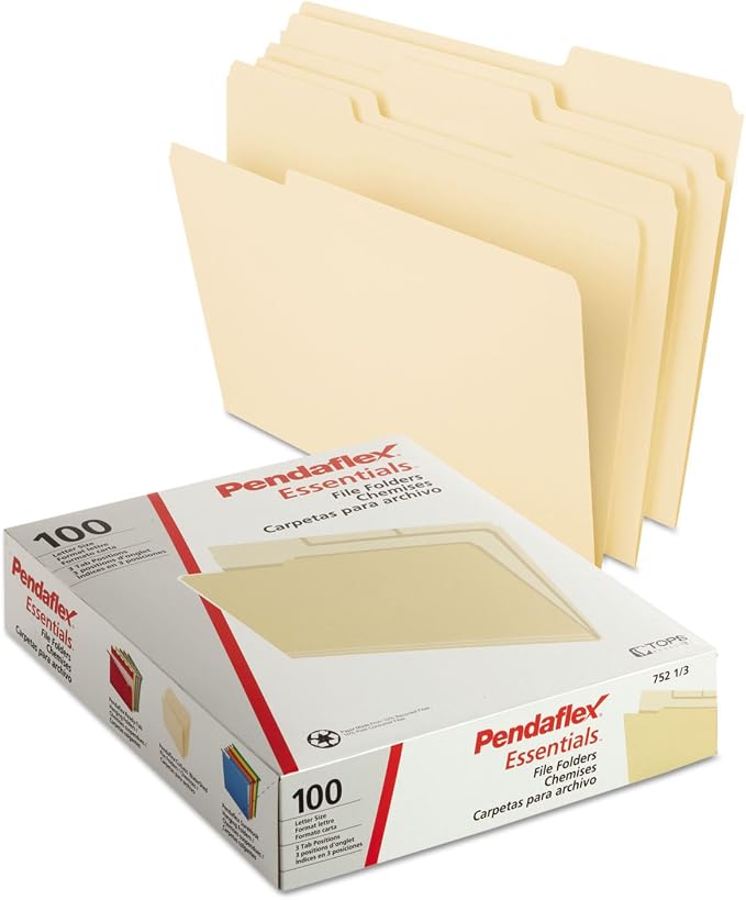Pendaflex File Folders, Letter Size, Manila, 1/3 Cut, 100/BX (752 1/3)