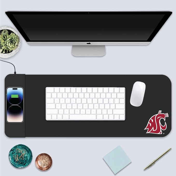 Washington State University Classic Wireless Charging Cloth Desk Mat, Durable Office Supplies, Non-Slip Base, Quick Charging Wireless Desk Pad, Black