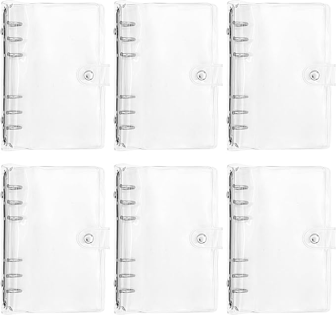 6 Pack PVC A6 Binder Transparent 6 Ring Binder Clear Soft PVC Notebook Cover Budget Planner Folder Cover with Snap Button