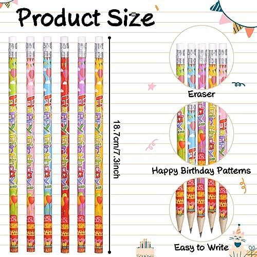 Happy Birthday Pencils Wooden Pencil Birthday Party Pencil with Top Erasers Birthdays Party Supplies, 6 Style(120)