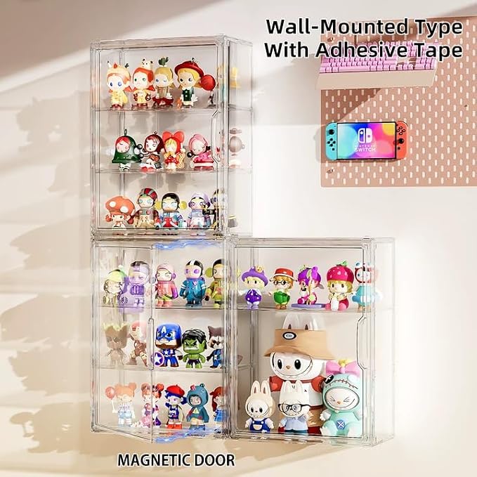 JOYZAN Acrylic Display Case for Collectibles, 2 Packs 3 Tiers Clear Display Case for Figures, Wall-Mounted Storage Box with Magnetic Door, Adjustable Figurine Display Shelf Dust-Proof Showcase