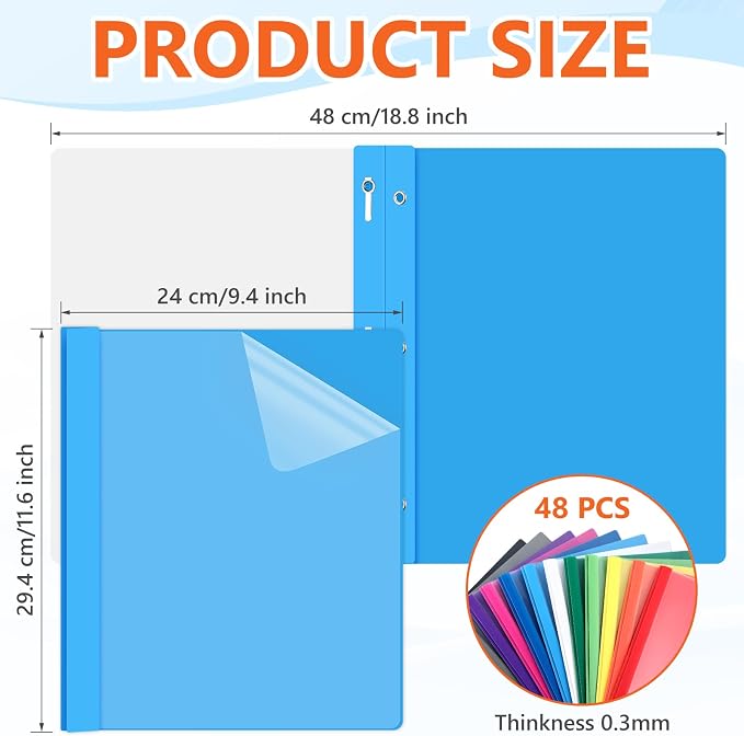 Feifeiya 48 Pack Plastic Report Covers with 3 Prongs Presentation Folders Bulk, 100 Sheet Capacity, Clear Front Report Covers for Presentation Document Paper School Office Supplies (12 Colors)