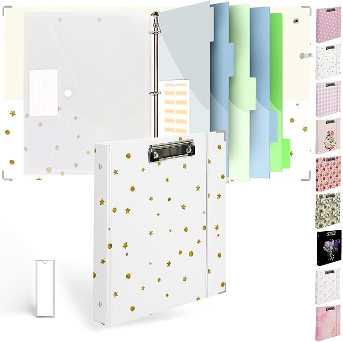 3 Ring Binder 1 inch with Clipboard - White with Gold Dots & Stars Design, Includes Dividers, File Bag & Spine Label - Glamorous and Functional for Any Setting, Holographic Waterproof Film