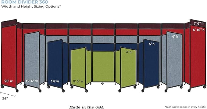 Versare Room Divider 360 Portable Wall Partition | Folding Panels | Large Freestanding Divider | Locking Wheels | Temporary Room Separator | 25' x 7'6'', Charcoal Gray