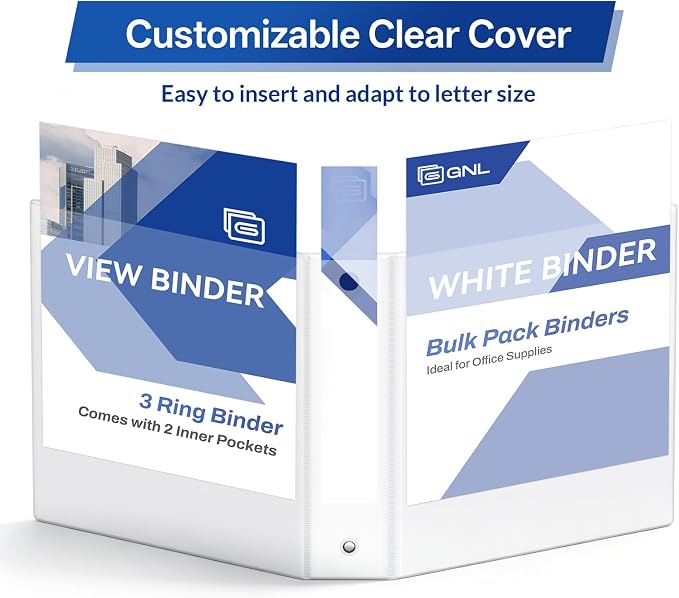 GNL 1.5 Inch 3 Ring Binders Economy 10 Packs White, 1 1/2" Three Ring (Fits 325 Sheets of 8.5x11 Paper) Clear View PVC-Free & Non-Stick for School or Office Supplies