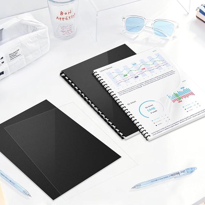 HOUYEE 100 Pack Binding Covers and Backs Set, 8.5x11 Inches, Letter Size | Including 50Pcs 12 Mil Ultra Clear PET Binding Covers, 50Pcs 12 Mil Black Plastic Sand Texture Polycovers, For Office School