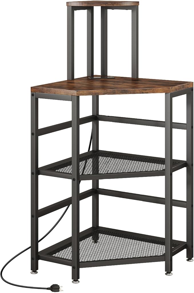 4-Tier Corner Printer Stand with Power Outlet and LED Lights, Rustic Brown | 4 Tier Storage, Corner Space Saving Design, Fits Laser Printer, Scanner and Office Supplies, Home Office Organization