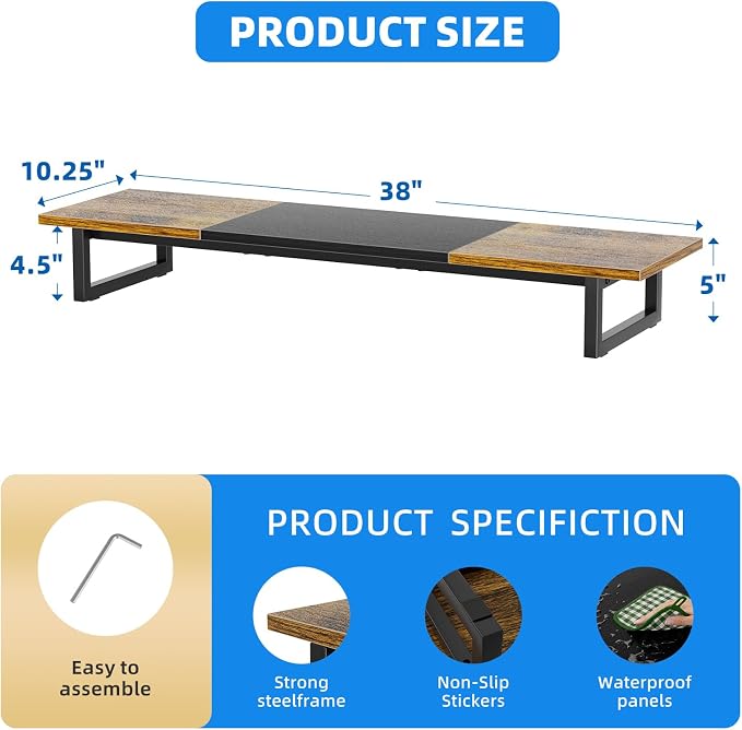 Simple Trending 38" Dual Monitor Stand Riser, Desk Organizer, Rustic Brown | Laptop & Printer Stand, for 2 Monitors, Wood and Steel, Ergonomic Support, Easy Setup, Home Office Desk, 38"W x 10.25"D x 5"H