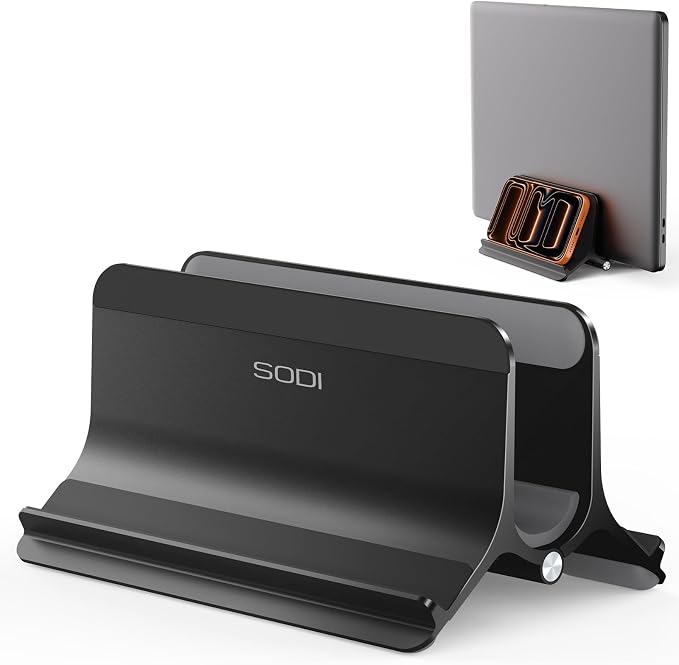 Vertical Laptop Stand Holder for Desk Compatible with MacBook Air, MacBook Pro Stand Vertical Aluminum Up to 17 inch, Gravity Auto-Lock Cooling, 3-in-1 Space Saving Desk Organizer Accessories