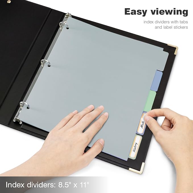 Ospelelf 3 Ring Binder, 1.5 Inch, Cute Letter Size (11" x 8.5") with 5 Tab Dividers, File Folder Labels and Low Profile Clipboards, Black Binder for School and Office Supplies